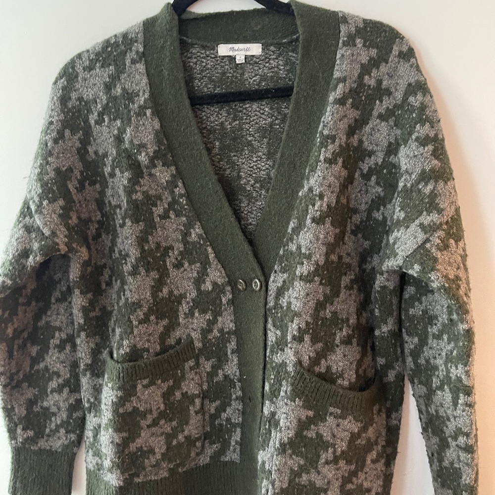 Madewell Green and Gray Houndstooth Cardigan Sweater
